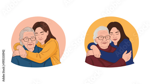 Two colorful circular illustrations showing a young woman hugging her grandmother from behind, representing family love and care in different styles.