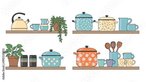 Cozy illustration of kitchen shelves decorated with various colorful cooking pots, jars, cups, and potted plants, creating a warm and inviting home atmosphere.