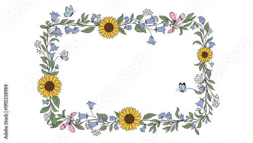 Delicate floral border frame composed of sunflowers, bluebells, butterflies, and green leaves on a white background, perfect for cards or invitations.