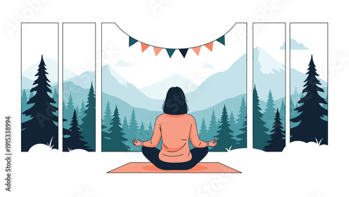 Peaceful scene of a woman sitting in a meditation pose in front of a large window overlooking a beautiful mountain forest landscape in the winter.