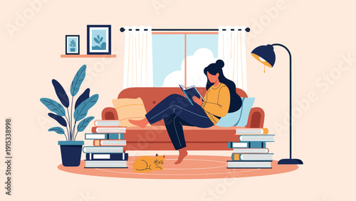 Relaxing scene of a woman sitting on a sofa and reading a book in a cozy living room filled with plants, books, and a sleeping cat, under a warm lamp.