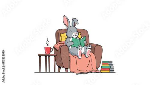 Cozy illustration of a gray rabbit sitting in a comfortable brown armchair and reading a green book with a hot cup of tea nearby on a table.