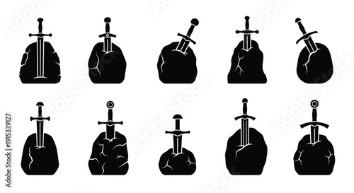Diverse Collection of Symbolic Swords Embedded in Rocks Representing Strength and Heritage