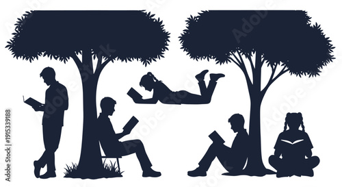 Diverse individuals enjoying the quiet pleasure of reading beneath shady trees