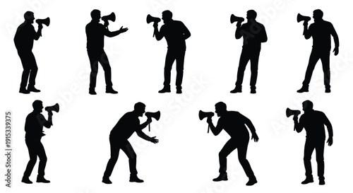 Diverse Silhouettes of Individuals Announcing with Megaphones