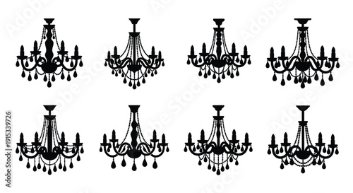 Elegant Black Silhouette Chandeliers Collection Illustrating Opulent Interior Lighting Designs