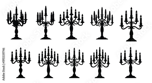 Elegant silhouette collection of ornate candelabras displaying multiple candles for dramatic