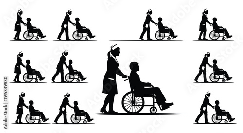 Illustrations depicting compassionate care and assistance for individuals using wheelchairs