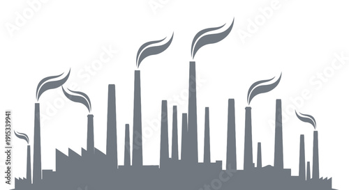 Industrial skyline silhouette with smoke plumes against a white background industrialization concept