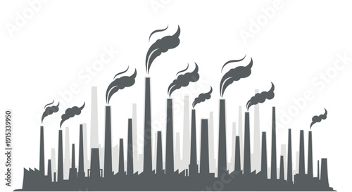 Industrial Skyline Silhouette with Smoke Plumes Rising Against a White Background