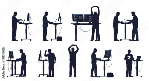 Programmers Silhouettes Working on Standing Desks Displaying Code and Stretching