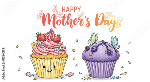 Vector illustration of two colorful cupcakes with decorative toppings and 'Happy Mother's Day' text on transparent background