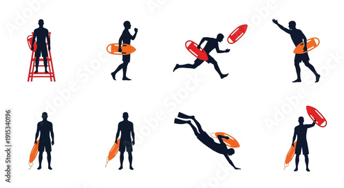 Set of lifeguard silhouettes demonstrating vigilance and rescue actions with rescue buoys and