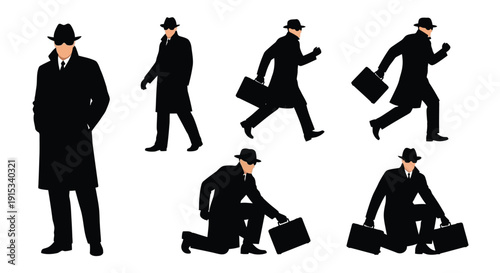 Silhouette Figures of a Man in a Trench Coat and Hat Engaged in Various Actions