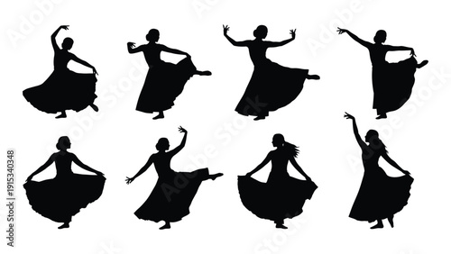 Silhouettes of dancers in various traditional poses and movements isolated on white background, Vector
