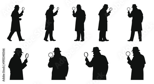 Silhouette of a detective examining with a magnifying glass in various poses and angles