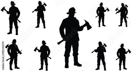 Silhouette of firefighters holding axes in various poses against a white background