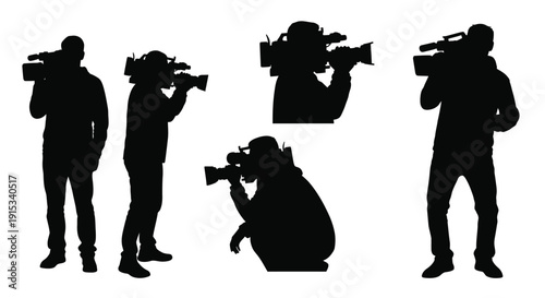 Silhouetted individuals capturing moments with professional video cameras in various stances