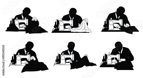 Silhouettes of a tailor meticulously crafting garments with a sewing machine in various poses