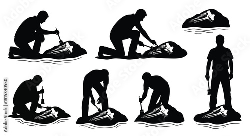 Silhouettes of archaeologists excavating ancient fossils illustrating the process of discovery and