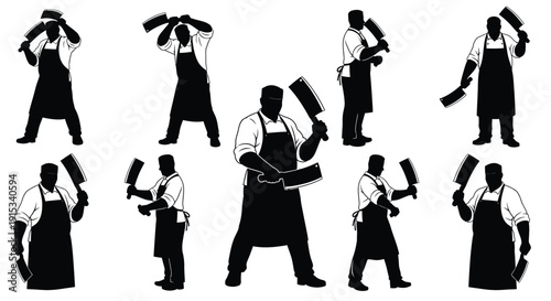 Silhouettes of butchers in various poses holding cleavers demonstrating their craft