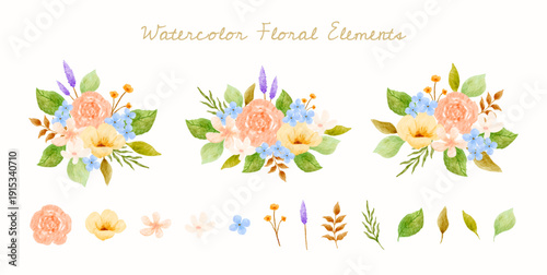 Set of Watercolor Floral Elements for Decorative Elements or Design