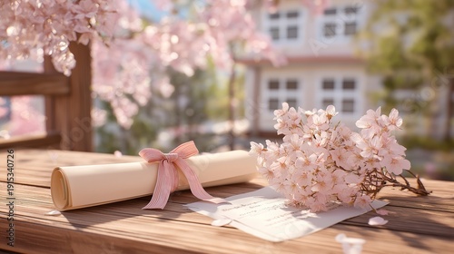 卒業式の思い出 桜の花束とリボンで結ばれた卒業証書