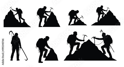 Silhouettes of mountaineers ascending challenging peaks with ice axes and poles
