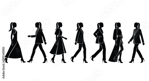 Silhouettes of women in elegant attire gracefully walking in a procession on a white background