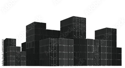Stacking industrial shipping containers forming a cityscape silhouette against a white background