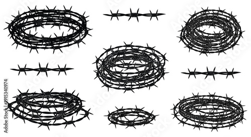 Stylized Barbed Wire Crown And Straight Barbed Wire Illustrations In Black And White
