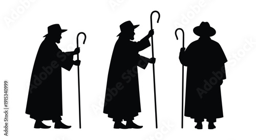 Three silhouetted figures of shepherds holding staffs against a white background