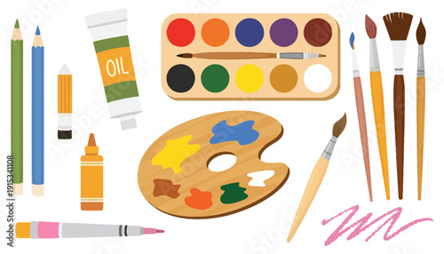 Painting Tools Vector Set with Art Supplies, Paint Tubes, Brushes, Pencil, Watercolor, and Palette, Trendy Modern Hand Drawn Flat Design Isolated on White Background