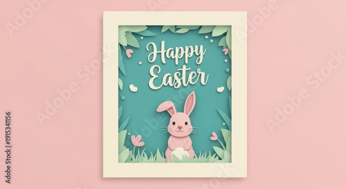 Happy Easter greeting card with a cute bunny surrounded by floral elements, perfect for spring celebrations and seasonal messages