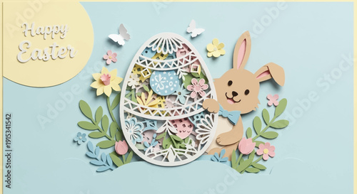 Charming Easter illustration featuring a cute bunny holding a detailed egg adorned with floral elements and butterflies, perfect for holiday greetings and spring themes
