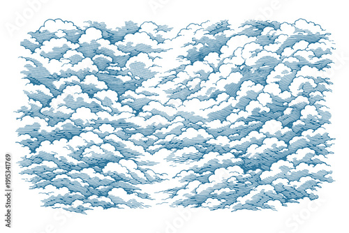Dramatic cloudy sky with dense layers of cumulus clouds vector illustration, vintage hand drawn woodcut engraving style nature background and texture.