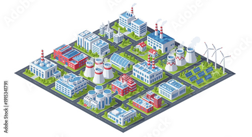 Isometric illustration of an industrial complex with various buildings and facilities on a green field with wind turbines.