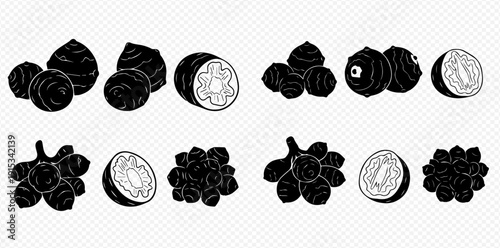 Set of black and white icons of various fruits and nuts, including whole and sliced options, for design elements.