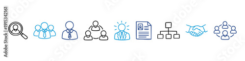 Human resources and recruitment icons banner featuring business leadership, teamwork, hiring, networking, and management symbols in line art style.