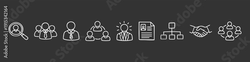 White line business icon set on dark background featuring recruitment, leadership, teamwork, and organizational hierarchy concepts.