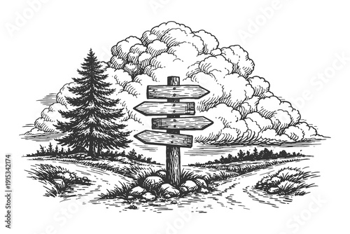 Rustic wooden directional signpost at a crossroad in a forest vector illustration, vintage hand drawn etching style travel and choice concept.