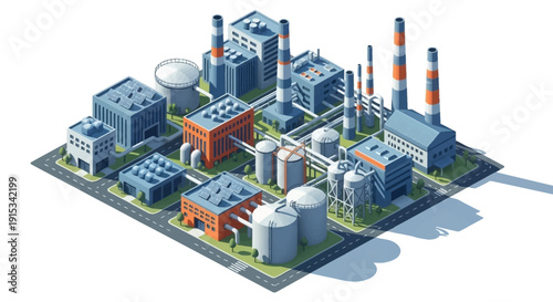 Isometric 3D illustration of an industrial factory complex with smokestacks and buildings on a green base against a white background.