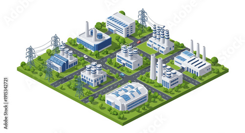 Isometric illustration of an industrial complex with factories and power plants on a green landscape
