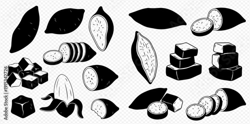 Sweet potato vector silhouette set, whole, half, sliced, and diced, black and white graphic elements for culinary designs.