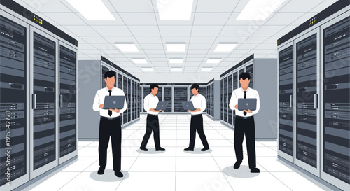 Illustration of four IT professionals standing in a data center with server racks.