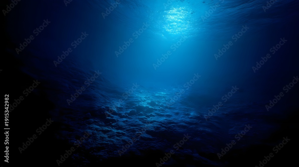 Fototapeta premium Sunlight streams into the deep blue ocean depths illuminating the textured seabed below
