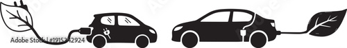 This image depicts a conceptual illustration of an electric car charging another car using a cable connected to a leaf, symbolizing eco-friendly and sustainable energy transfer between vehicles. vecto