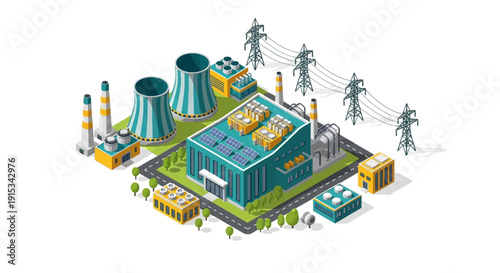Isometric illustration of a nuclear power plant with cooling towers and industrial facilities on a green landscape