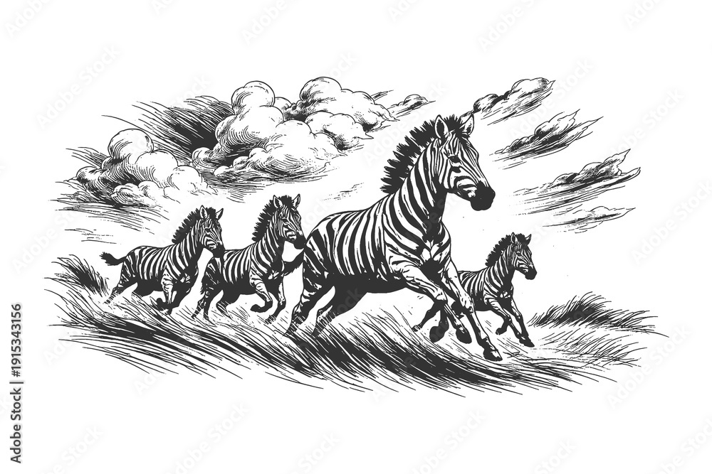 Fototapeta premium Running zebra family in savanna vector illustration in vintage hand drawn woodcut style, African wildlife animals in motion for travel design.