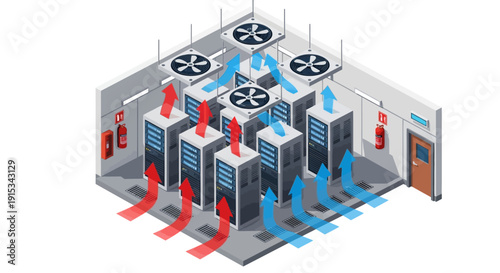 Isometric illustration of a data center cooling system with servers and fans